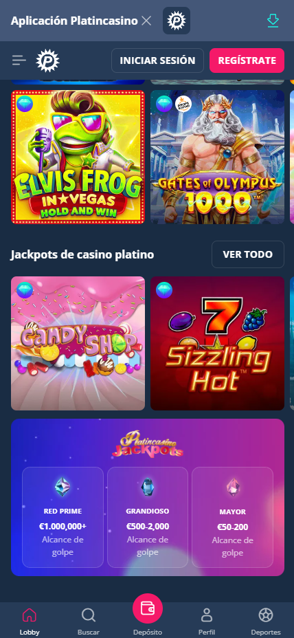 Interfaz de la aplicación móvil en PlatinCasino